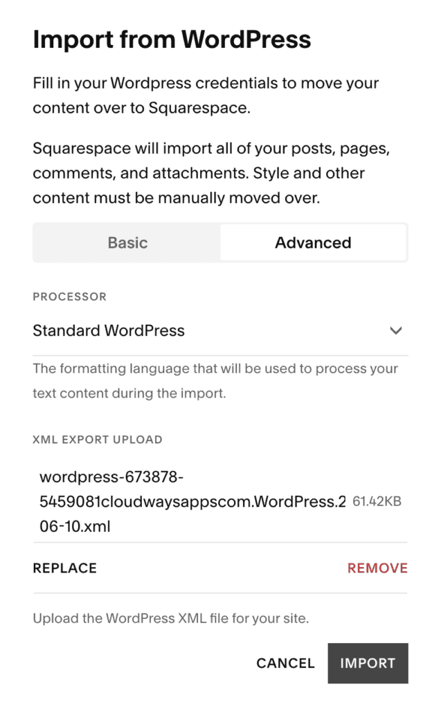 Upload wordpress file to import
